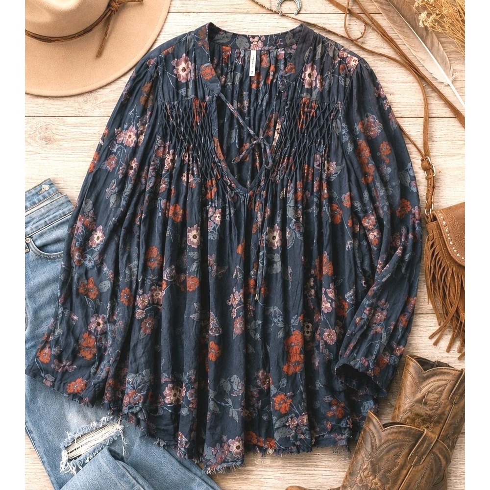 Free People Boho Tunic Top Womens XS Oversized Peasant Prairie Festival Floral
